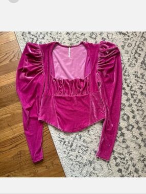 Free People Magenta Pink Velvet Puff-Sleeve Square Neck Crop Top